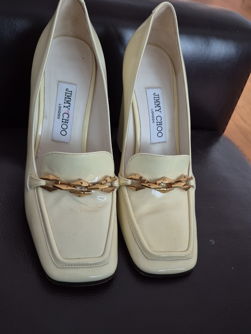 Jimmy Choo  Diamond Trida Pale Cream Patent Leather Loafers with Gold Chain